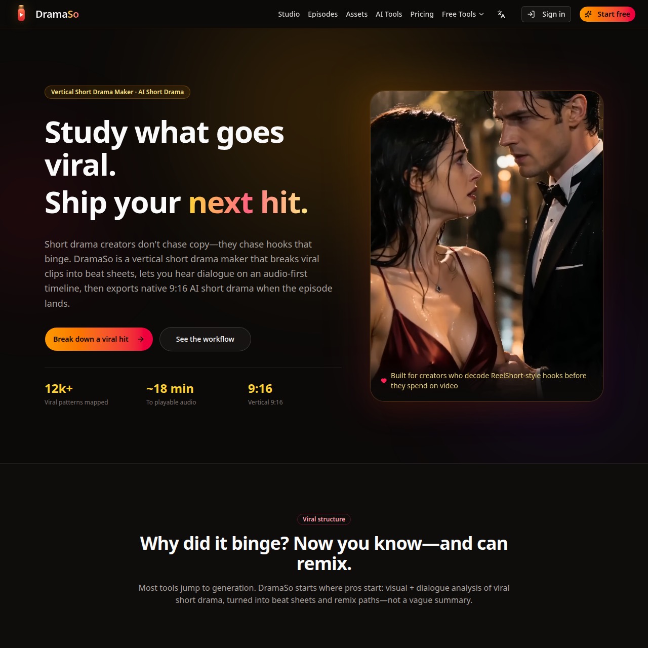 DramaSo homepage: turn a script or prompt into a vertical short drama in minutes